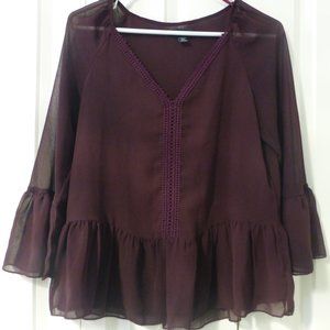 LE CHATEAU burgundy semi-sheer ruffle chiffon v-neck 3/4 sleeve blouse